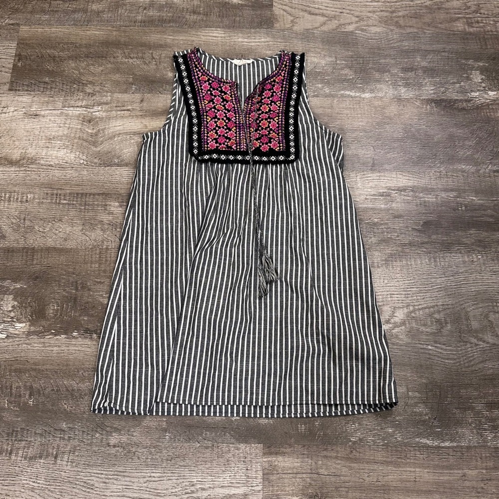 Entro Womens Black White Striped Embroidered Tassel Mini Dress Tunic D9255 M